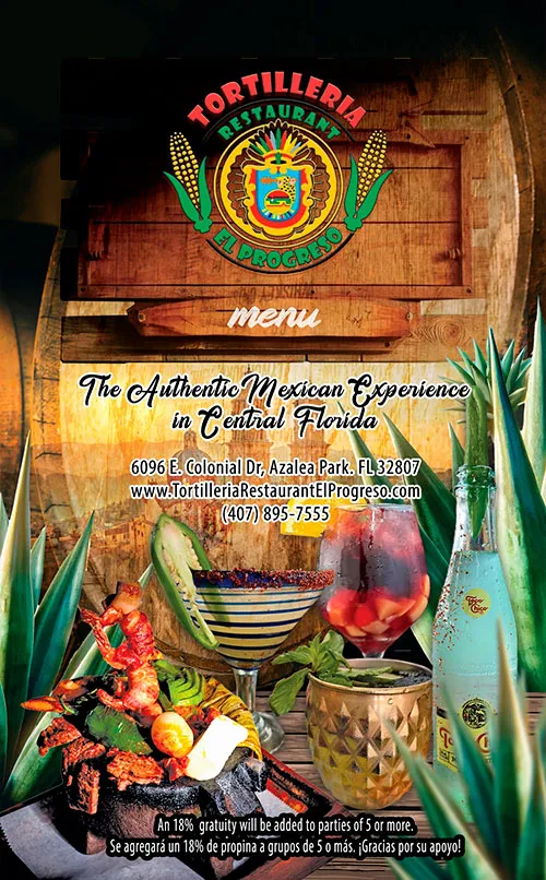 The Tortilleria El Progreso printed menu cover