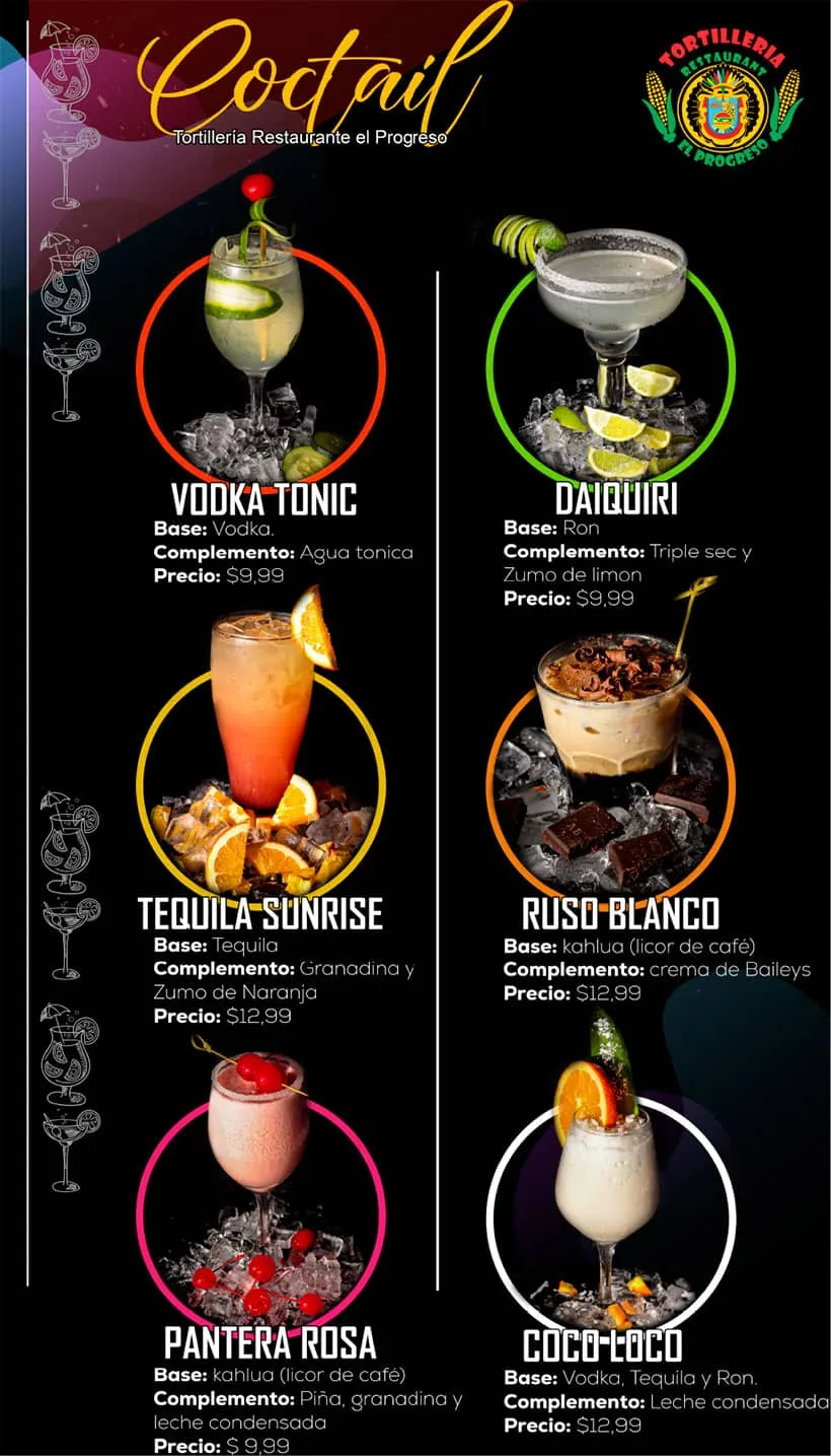Cocktail board: vodka tonic, daiquiri, tequila sunrise, ruso blanco, pantera rosa, coco loco