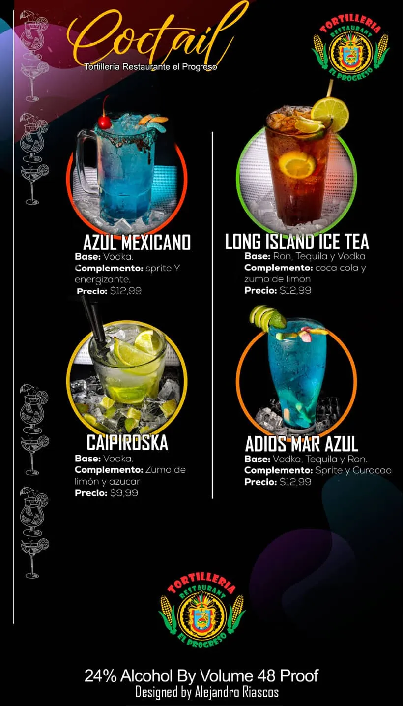 Cocktail board: azul mexicano, long island ice tea, caipiroska, adiós mar azul