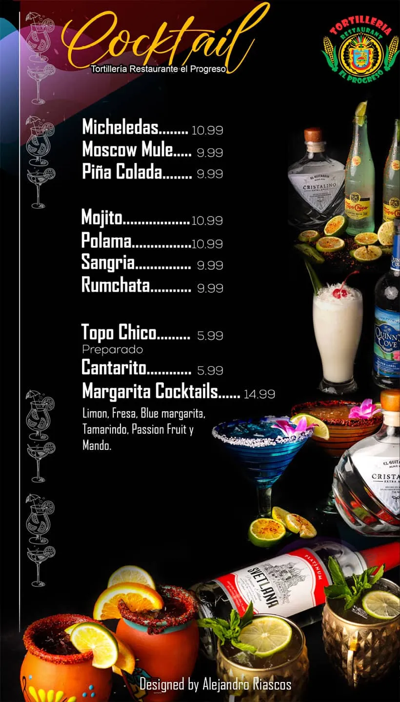Cocktail board: micheladas, moscow mule, piña colada, margaritas